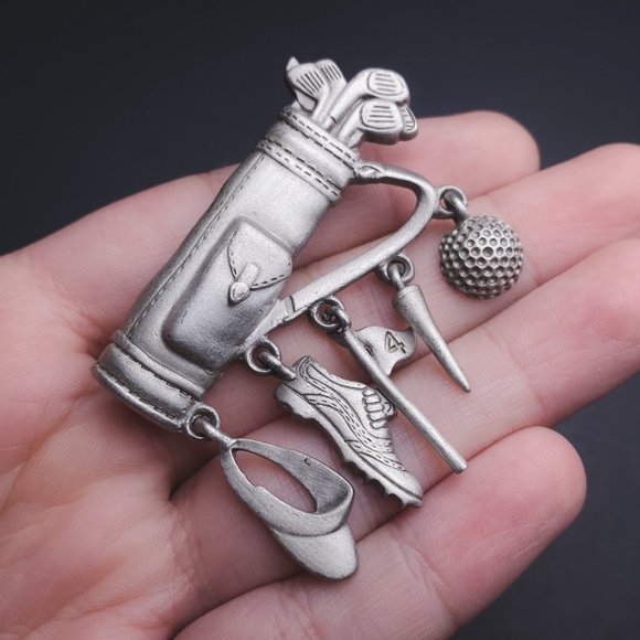 Vintage JJ Jonette Jewelry Golf Clubs Bag Shoe Flag Silver Tone Charm Brooch - Picture 5 of 6